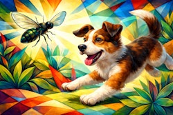 Cubist Painting Of A Dog Chasing A Black Soldier Fly
