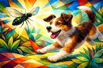 Cubist Painting Of A Dog Chasing A Black Soldier Fly