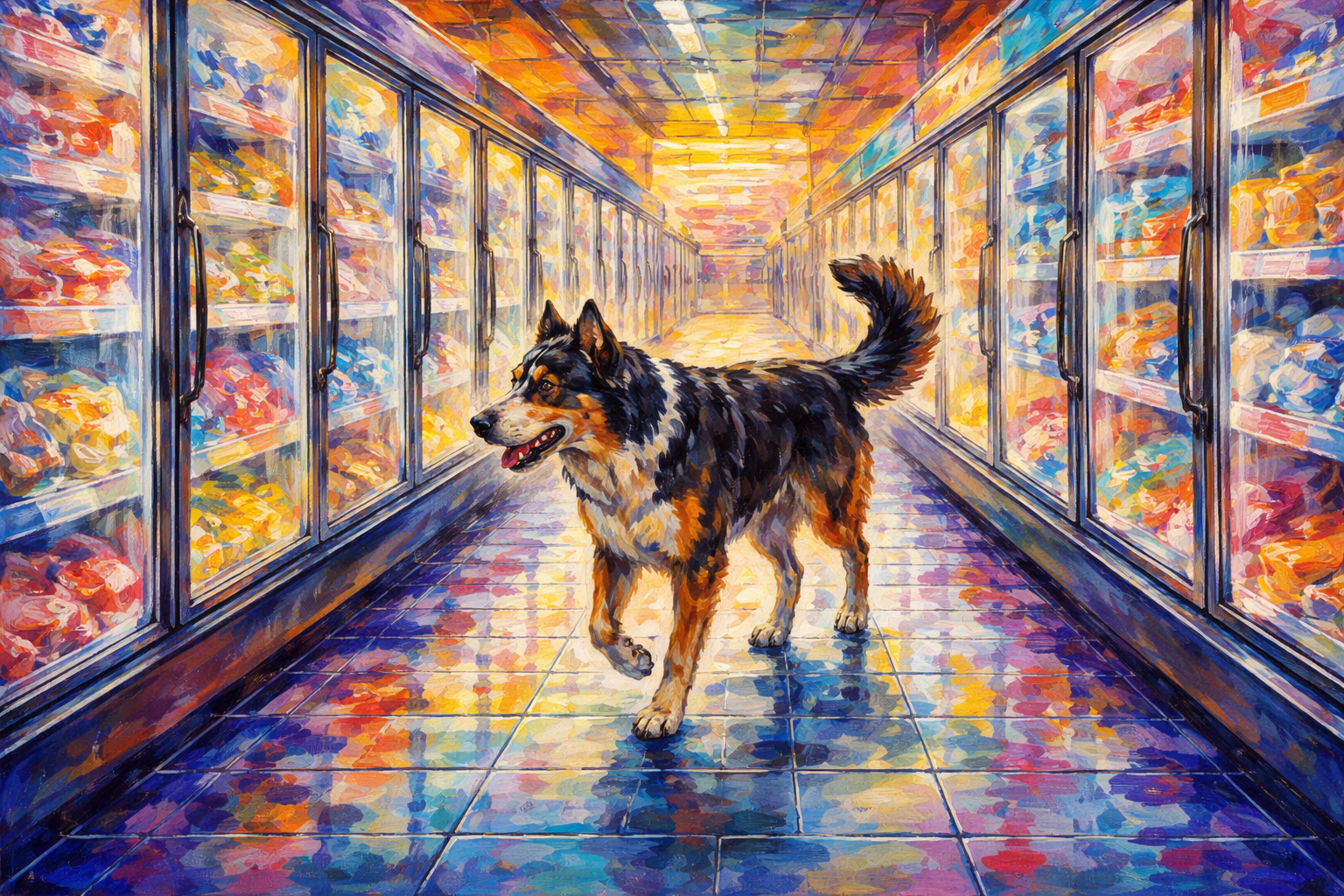 Die Blaue Reiter Painting Of A Dog Walking In The Frozen Food Aisle Of A Grocery Store