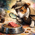 Dog Dressed As Sherlock Holmes Investigating A Piece Of Raw Meat In A Dog Food Dish