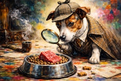 Dog Dressed As Sherlock Holmes Investigating A Piece Of Raw Meat In A Dog Food Dish