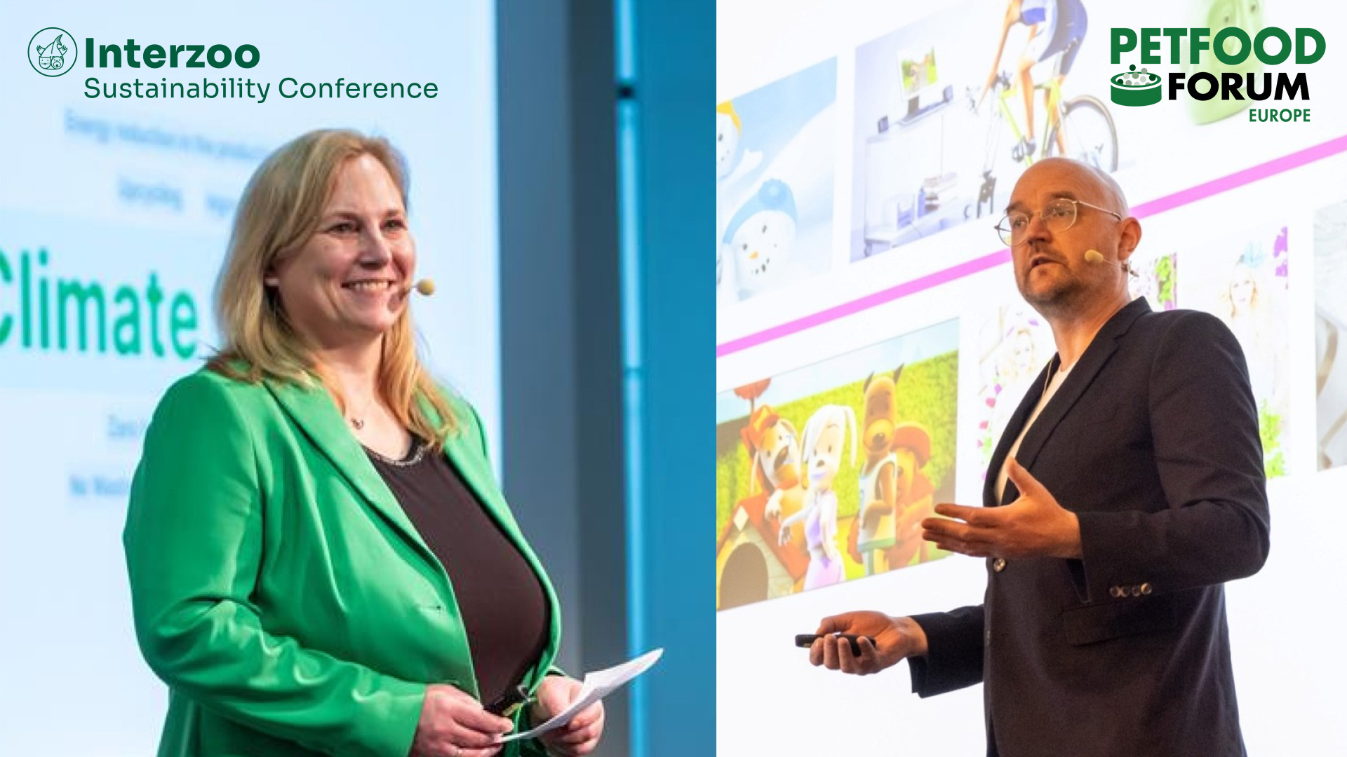Dr. Rowena Arzt, Head of Trade Fairs at Interzoo organizer WZF GmbH, during the Sustainability Session at Interzoo 2024. (left) | David Molenberghs, co-founder and chief innovation officer at Smoofl, during the opening session at Petfood Forum Europe 2024 (right).