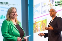 Dr. Rowena Arzt, Head of Trade Fairs at Interzoo organizer WZF GmbH, during the Sustainability Session at Interzoo 2024. (left) | David Molenberghs, co-founder and chief innovation officer at Smoofl, during the opening session at Petfood Forum Europe 2024 (right).