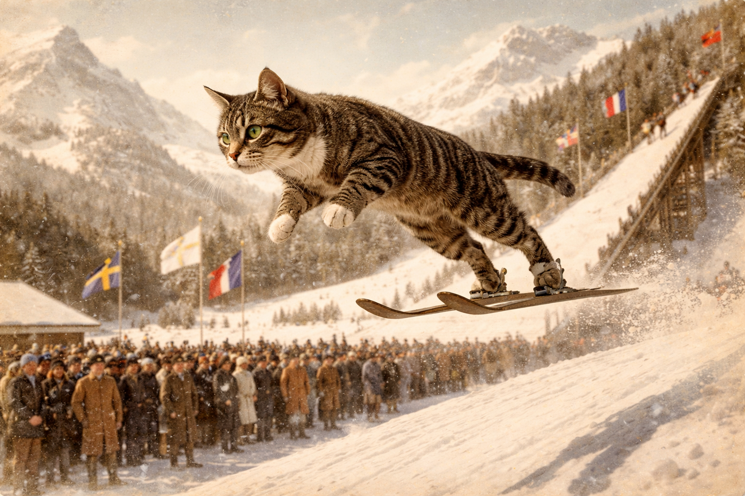 Realistic Cat Competing In The Winter Olympics