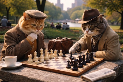 Two Old Cats Playing Chess In Central Park New York