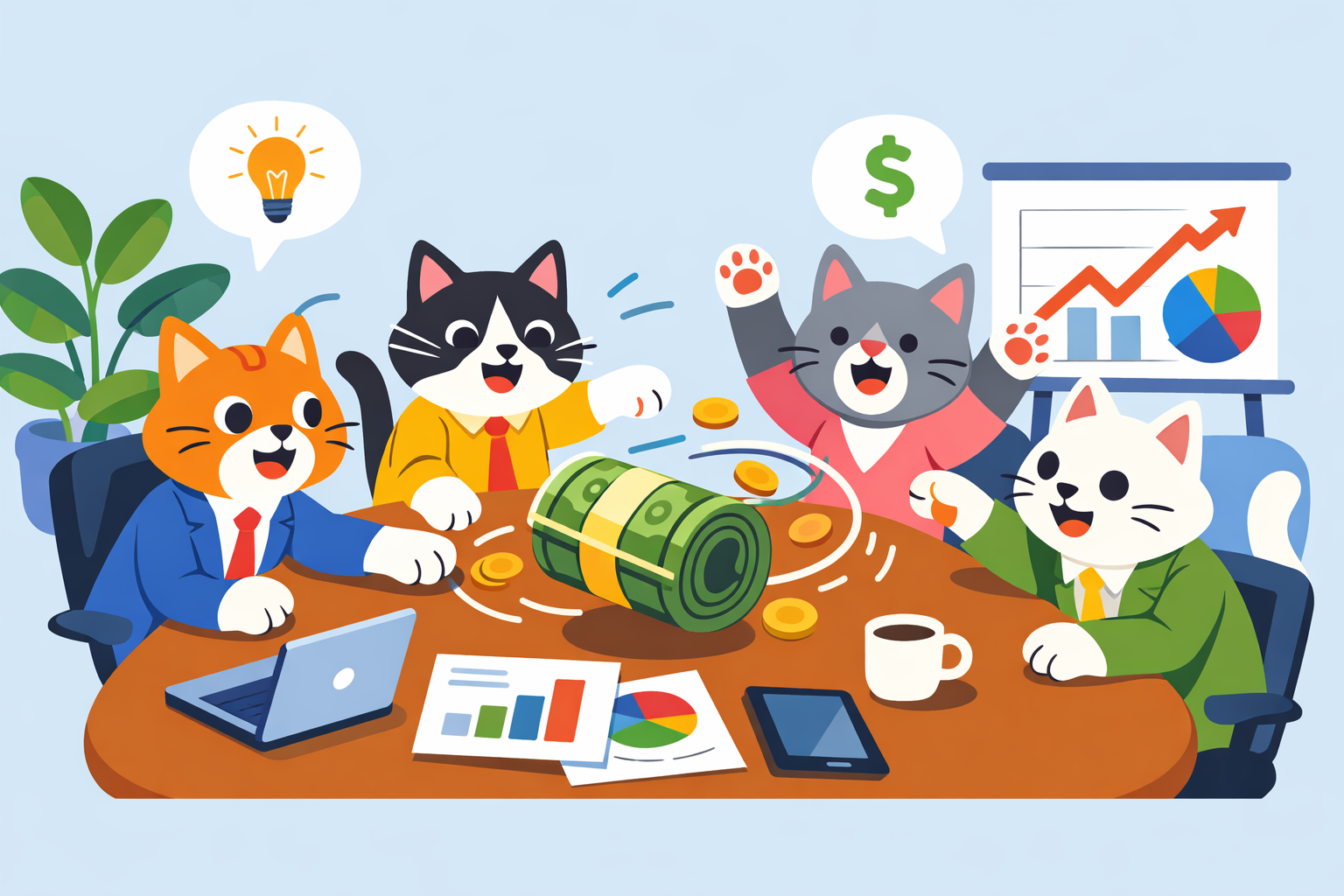 A Group Of Cats In A Business Meeting Batting Around A Roll Of Cash As If It Were A Ball Of String