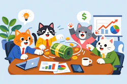 A Group Of Cats In A Business Meeting Batting Around A Roll Of Cash As If It Were A Ball Of String