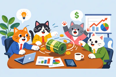 A Group Of Cats In A Business Meeting Batting Around A Roll Of Cash As If It Were A Ball Of String