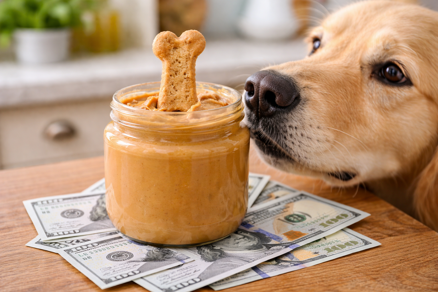 A Peanut Butter Jar With A Bone Shaped Dog Biscuit Dipped Into The Jar A Dog Is Sniffing The Jar