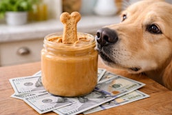 A Peanut Butter Jar With A Bone Shaped Dog Biscuit Dipped Into The Jar A Dog Is Sniffing The Jar