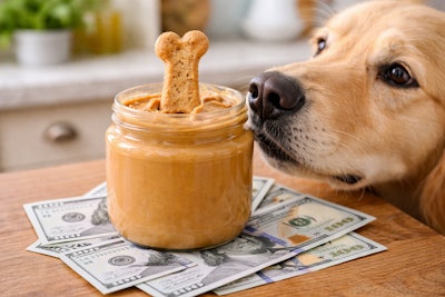 A Peanut Butter Jar With A Bone Shaped Dog Biscuit Dipped Into The Jar A Dog Is Sniffing The Jar