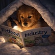 A Puppy Is Reading A Copy Of The Magazine Petfood Industry Under The Blankets In Her Room