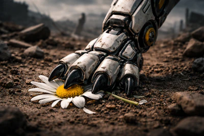A Robotic Realistic Dog Paw Crushes A Daisy In A Grim Wasteland