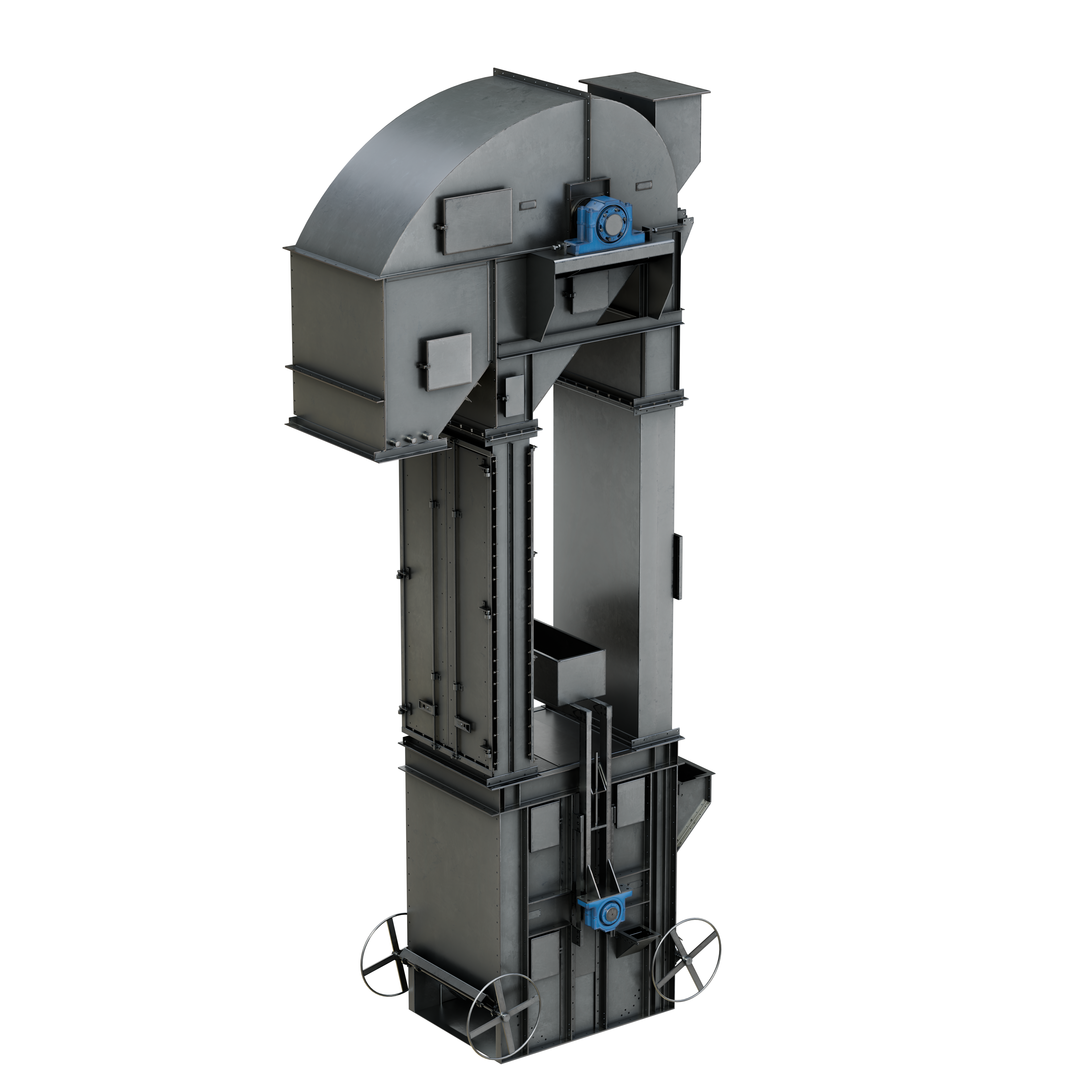 Industrial bucket elevator with gray metal housing, vertical conveyor system, and blue motor components