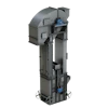 Industrial bucket elevator with gray metal housing, vertical conveyor system, and blue motor components
