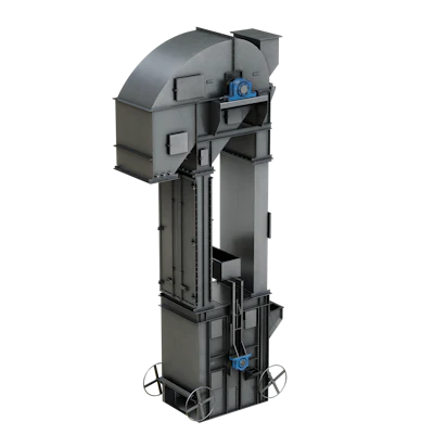 Industrial bucket elevator with gray metal housing, vertical conveyor system, and blue motor components