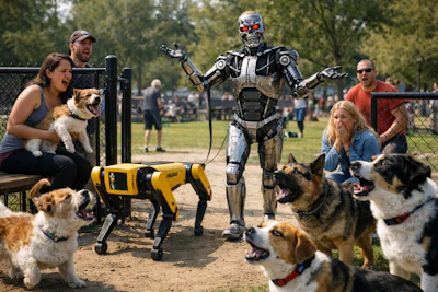 Android Walks Robot Dog Through The Gate Of A Dog Park