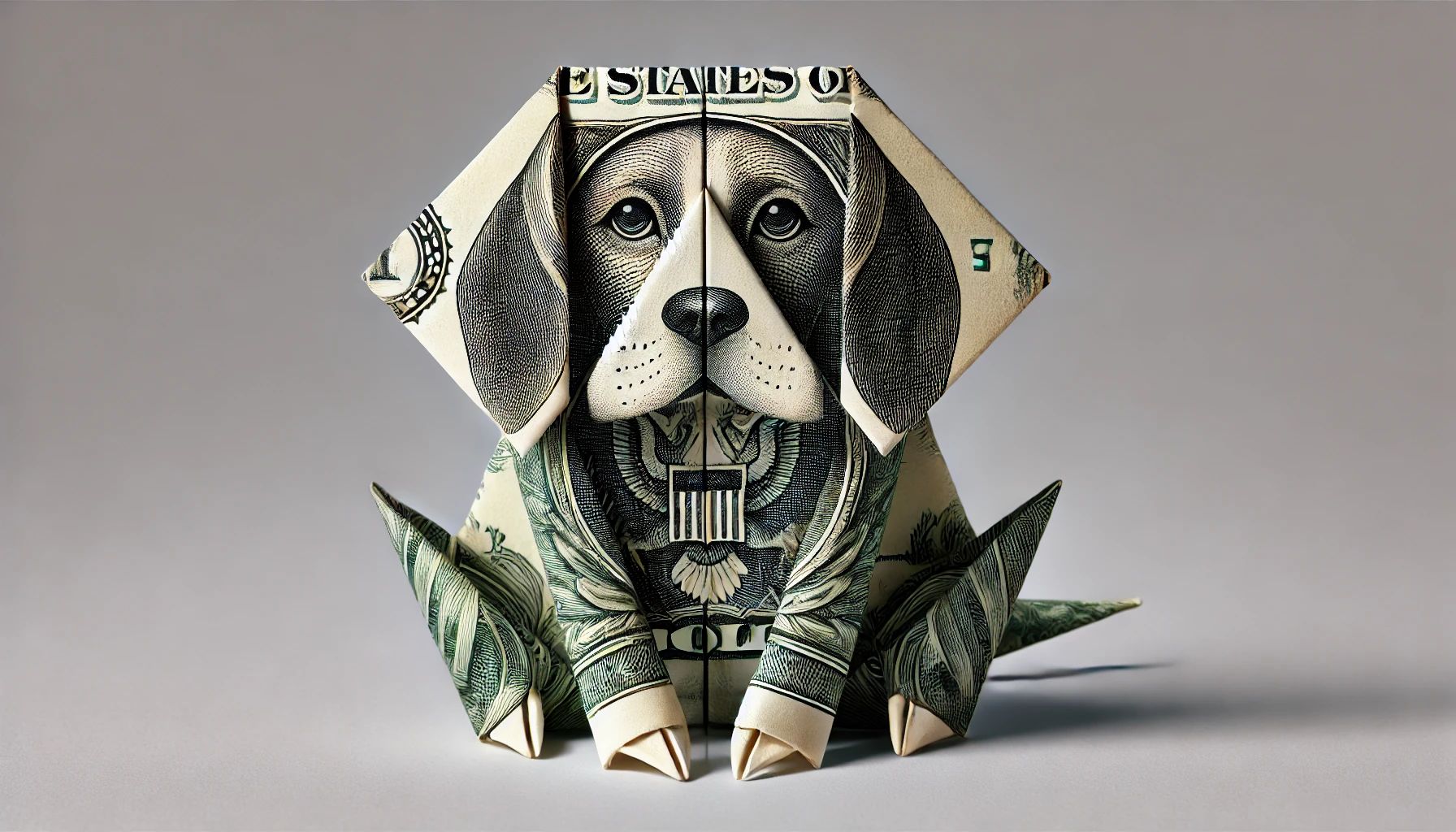 Dall&centerdot;e 2024 07 16 13 51 49 An Origami Of A Dollar Bill Folded To Resemble A Beagle The Folds Should Be Intricate And Detailed, Capturing The Distinctive Features Of A Beagle Su