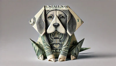 Dall&centerdot;e 2024 07 16 13 51 49 An Origami Of A Dollar Bill Folded To Resemble A Beagle The Folds Should Be Intricate And Detailed, Capturing The Distinctive Features Of A Beagle Su