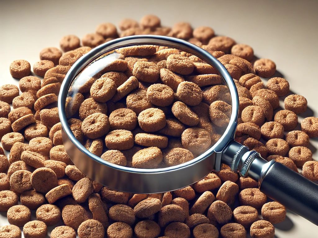 Dall&centerdot;e 2025 02 19 13 39 28 A Close Up Image Of A Single Piece Of Dog Food Kibble Under A Magnifying Glass The Kibble Is Highly Detailed, Showing Its Rough Texture And Small Por