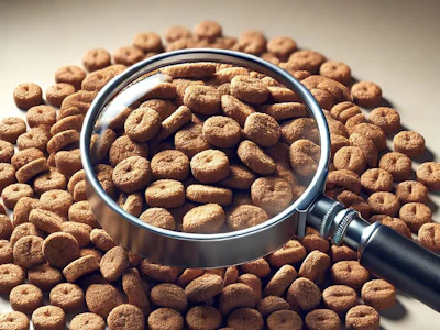 Dall&centerdot;e 2025 02 19 13 39 28 A Close Up Image Of A Single Piece Of Dog Food Kibble Under A Magnifying Glass The Kibble Is Highly Detailed, Showing Its Rough Texture And Small Por