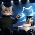 Realistic Cat On Stage Introducing A New Cat Food