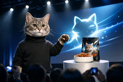 Realistic Cat On Stage Introducing A New Cat Food