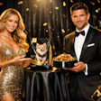 Supermodel Woman And Man Presenting A New Variety Of Dog Food