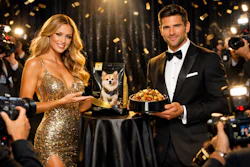 Supermodel Woman And Man Presenting A New Variety Of Dog Food
