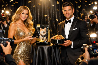 Supermodel Woman And Man Presenting A New Variety Of Dog Food