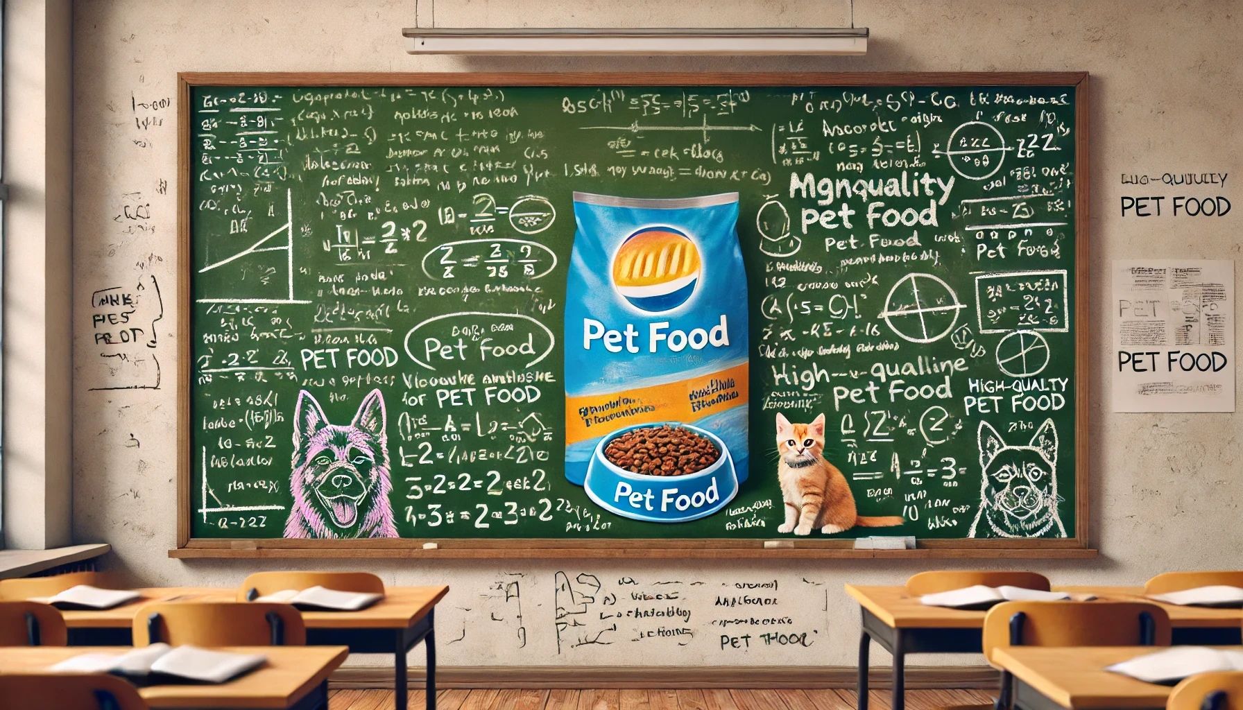 Dall&centerdot;e 2024 07 08 12 27 05 A College Chalkboard With An Advertisement For Pet Food Plastered On It The Chalkboard Is Filled With Handwritten Notes And Equations Typical Of A Cl