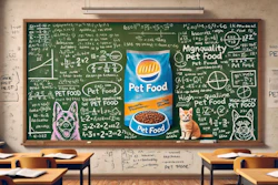 Dall·e 2024 07 08 12 27 05 A College Chalkboard With An Advertisement For Pet Food Plastered On It The Chalkboard Is Filled With Handwritten Notes And Equations Typical Of A Cl