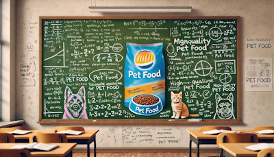 Dall·e 2024 07 08 12 27 05 A College Chalkboard With An Advertisement For Pet Food Plastered On It The Chalkboard Is Filled With Handwritten Notes And Equations Typical Of A Cl