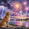 Mellow Water Color Of A Dog Sitting Calmly While Fireworks Explode Overhead During A Lightning Storm