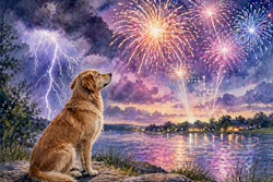 Mellow Water Color Of A Dog Sitting Calmly While Fireworks Explode Overhead During A Lightning Storm