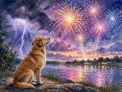 Mellow Water Color Of A Dog Sitting Calmly While Fireworks Explode Overhead During A Lightning Storm