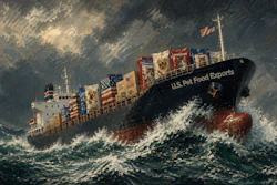 Oil Painting In The Style Of Winslow Homer, Featuring A Cargo Ship Carrying Us Branded Pet Food