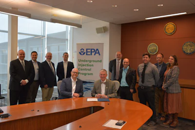 EPA Region 7 Administrator Jim Macy and members of the EPA Region 7 Water Division Underground Injection Control Program team gathered for the issuance of the first Class VI well permit in Kansas to the PureField Ingredients leadership team.