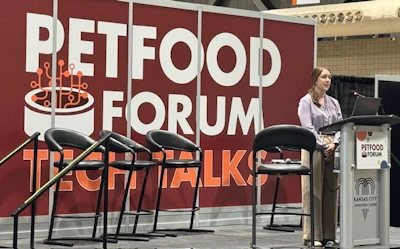 Dr. Sofia Wilson, companion animal nutritionist at Trouw Nutrition presents at the Tech Talk stage during Petfood Forum 2026.