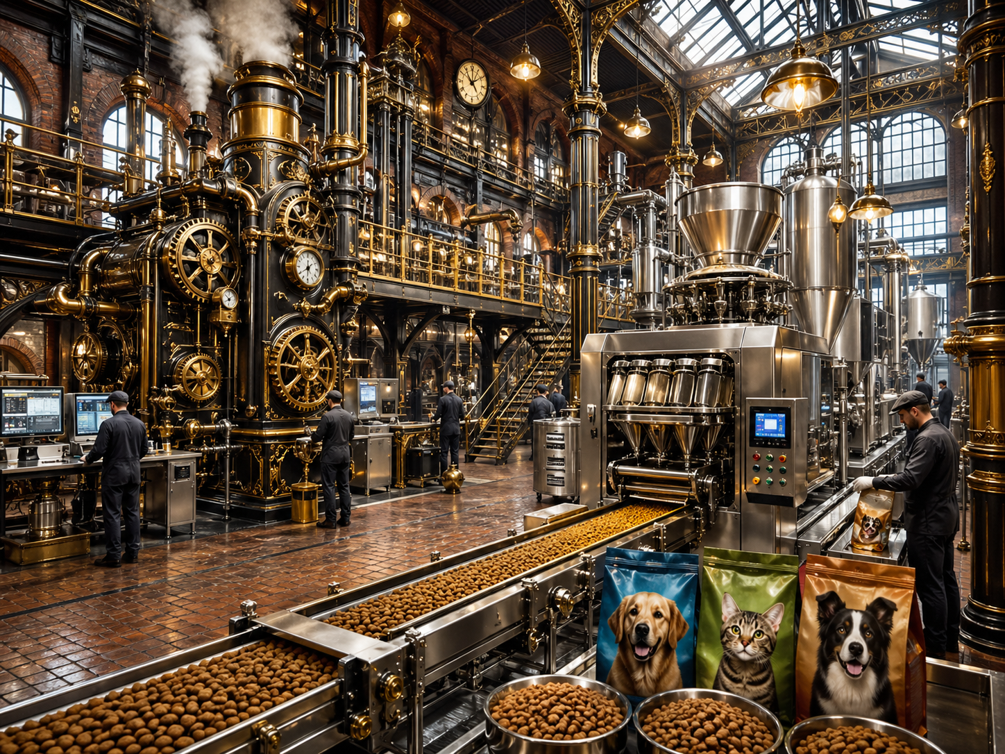 Steampunk Factory With Modern Pet Food Processing