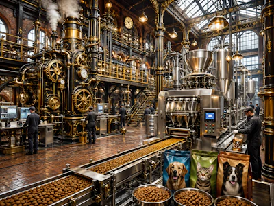 Steampunk Factory With Modern Pet Food Processing
