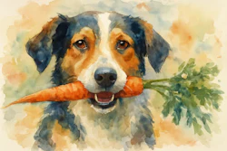 Watercolor Painting Of A Dog Holding A Carrot In Its Mouth
