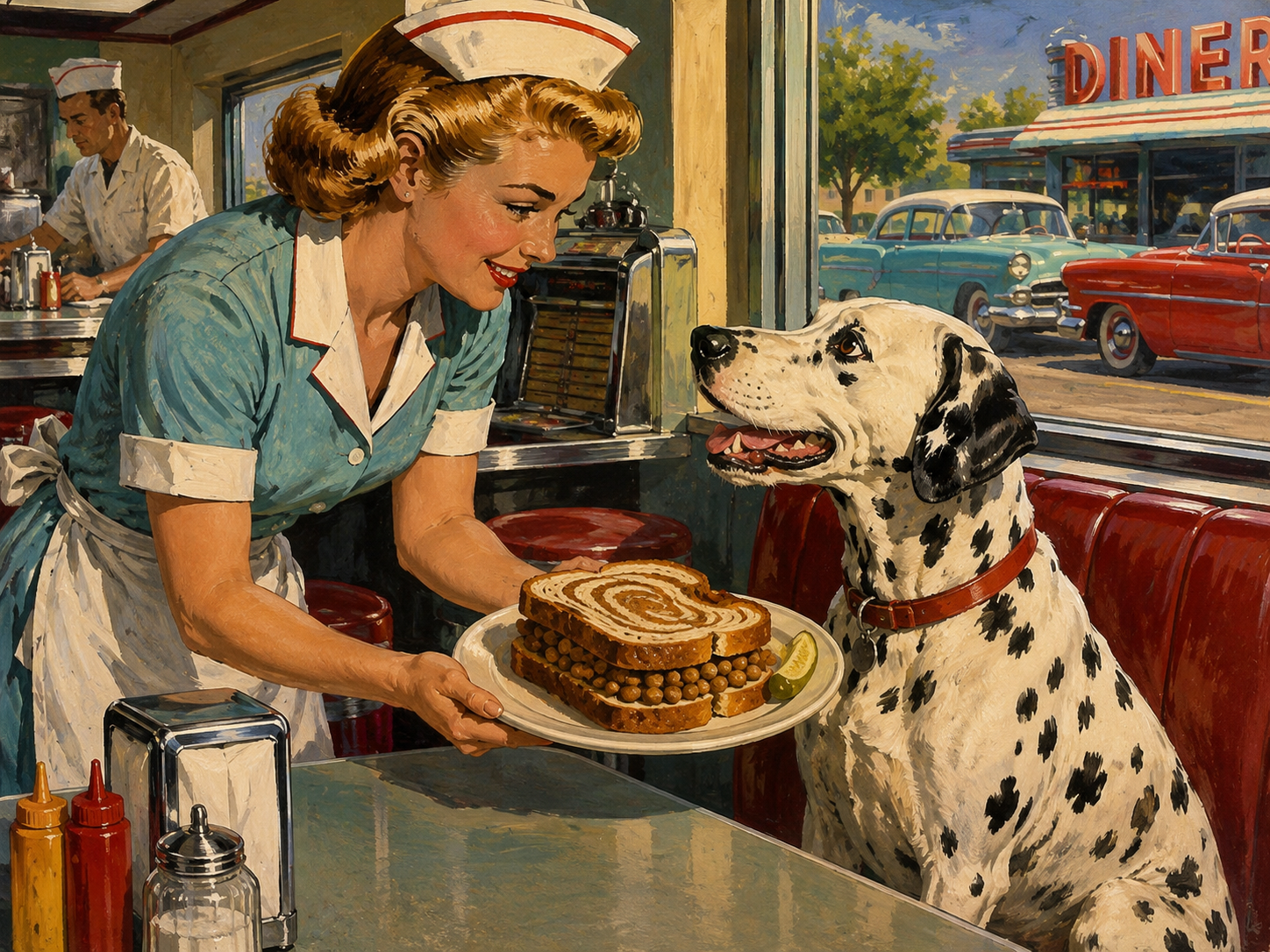 1950s Pop Painting Like From A The Cover Of A Pulp Novel In The Painting A Waitress Serves A Sandwich Made With Marbled Rye Bread To A Realistic Dalmatian Sitting In A Booth