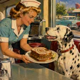 1950s Pop Painting Like From A The Cover Of A Pulp Novel In The Painting A Waitress Serves A Sandwich Made With Marbled Rye Bread To A Realistic Dalmatian Sitting In A Booth