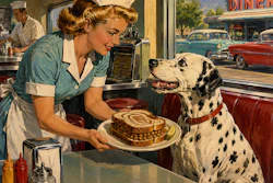 1950s Pop Painting Like From A The Cover Of A Pulp Novel In The Painting A Waitress Serves A Sandwich Made With Marbled Rye Bread To A Realistic Dalmatian Sitting In A Booth