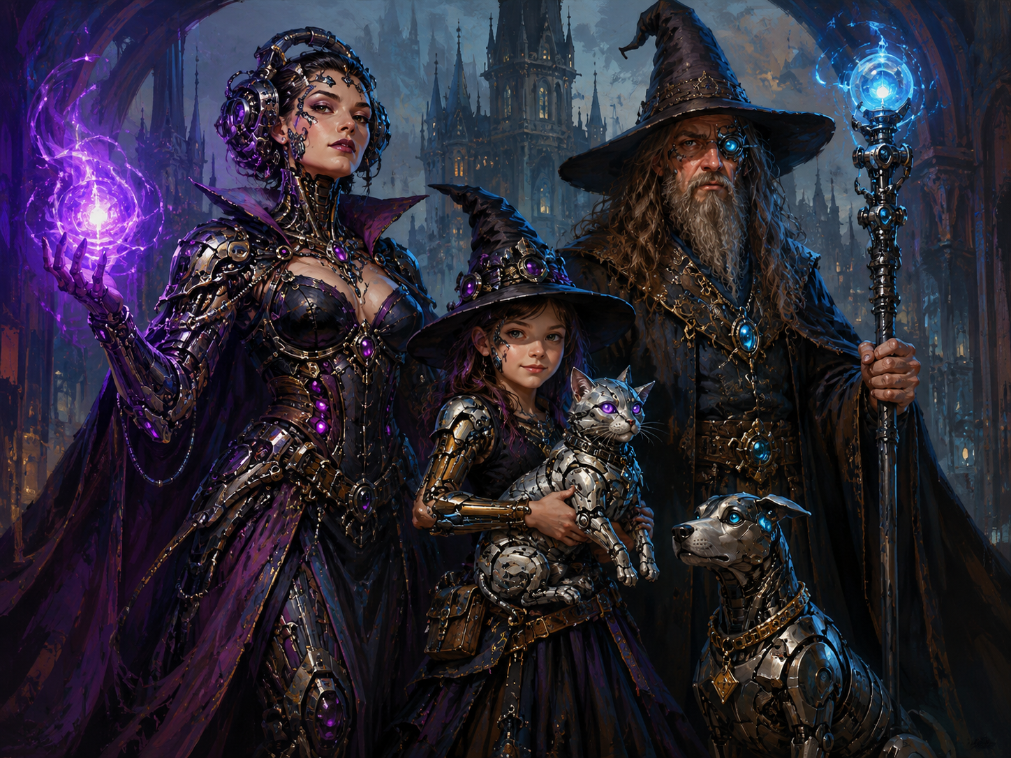 A Gothic, Techno Futurist Oil Painting Of A Cyborg Family With Magical Powers