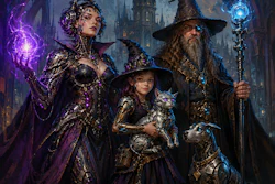 A Gothic, Techno Futurist Oil Painting Of A Cyborg Family With Magical Powers