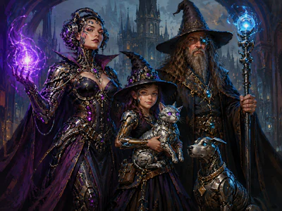 A Gothic, Techno Futurist Oil Painting Of A Cyborg Family With Magical Powers