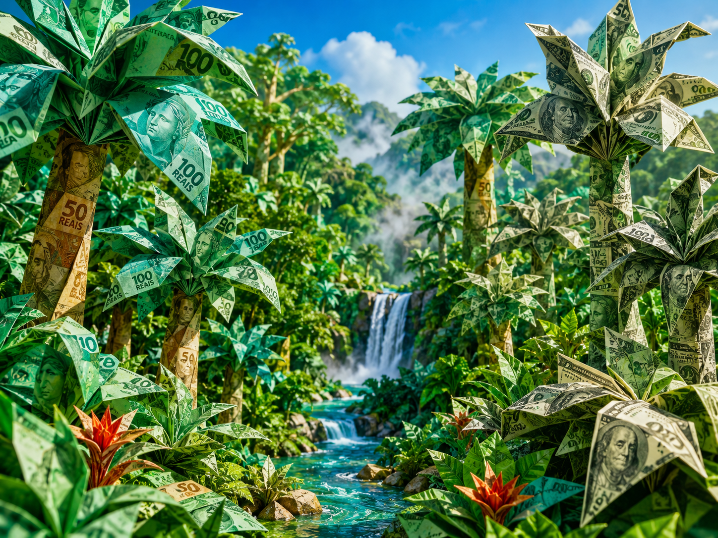 A Verdant Rainforest, But The Trees Are Made From Origami B Razilian Reales And Us Dollars