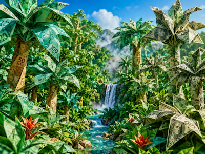 A Verdant Rainforest, But The Trees Are Made From Origami B Razilian Reales And Us Dollars